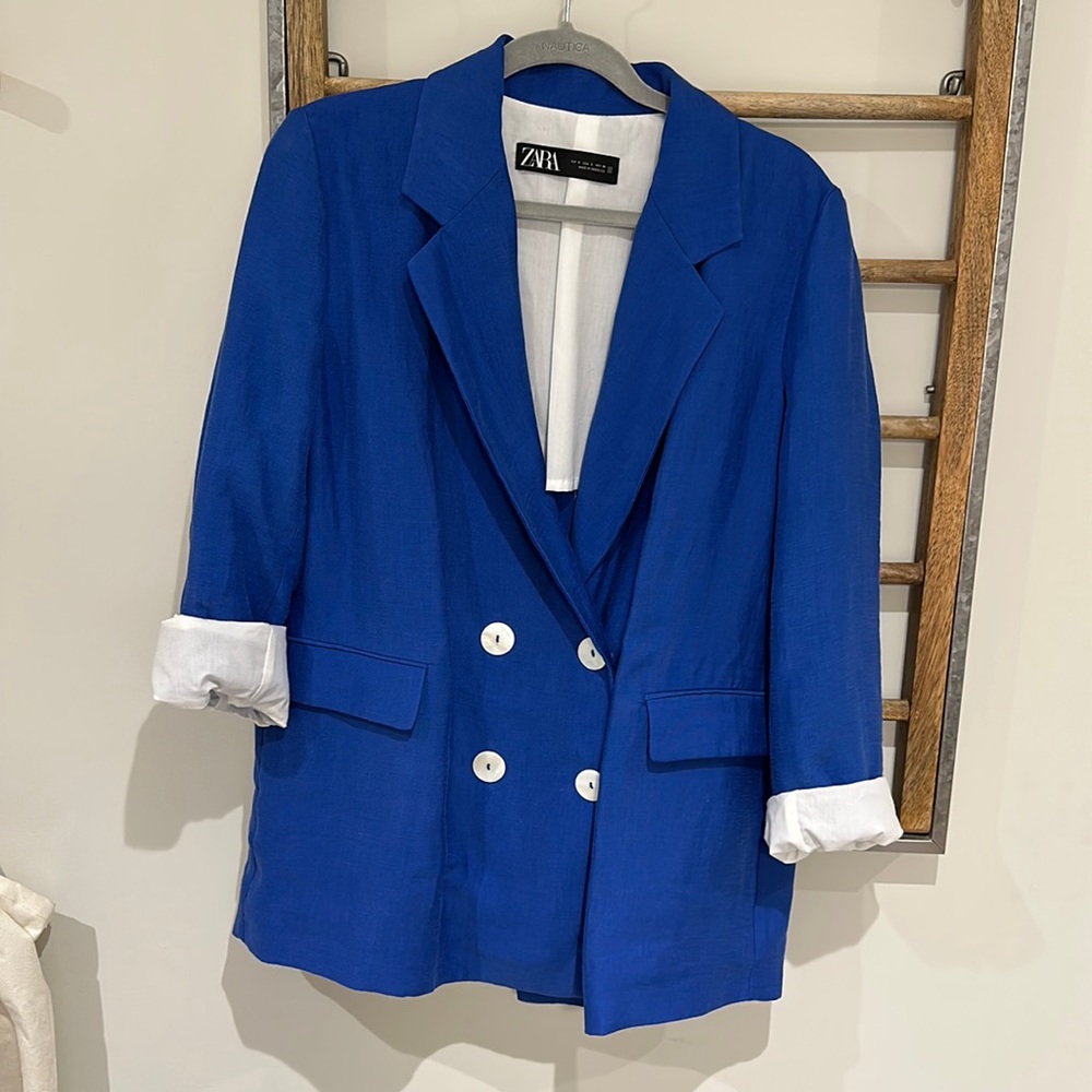 Zara double breasted oversized unlined blazer size small in royal blue